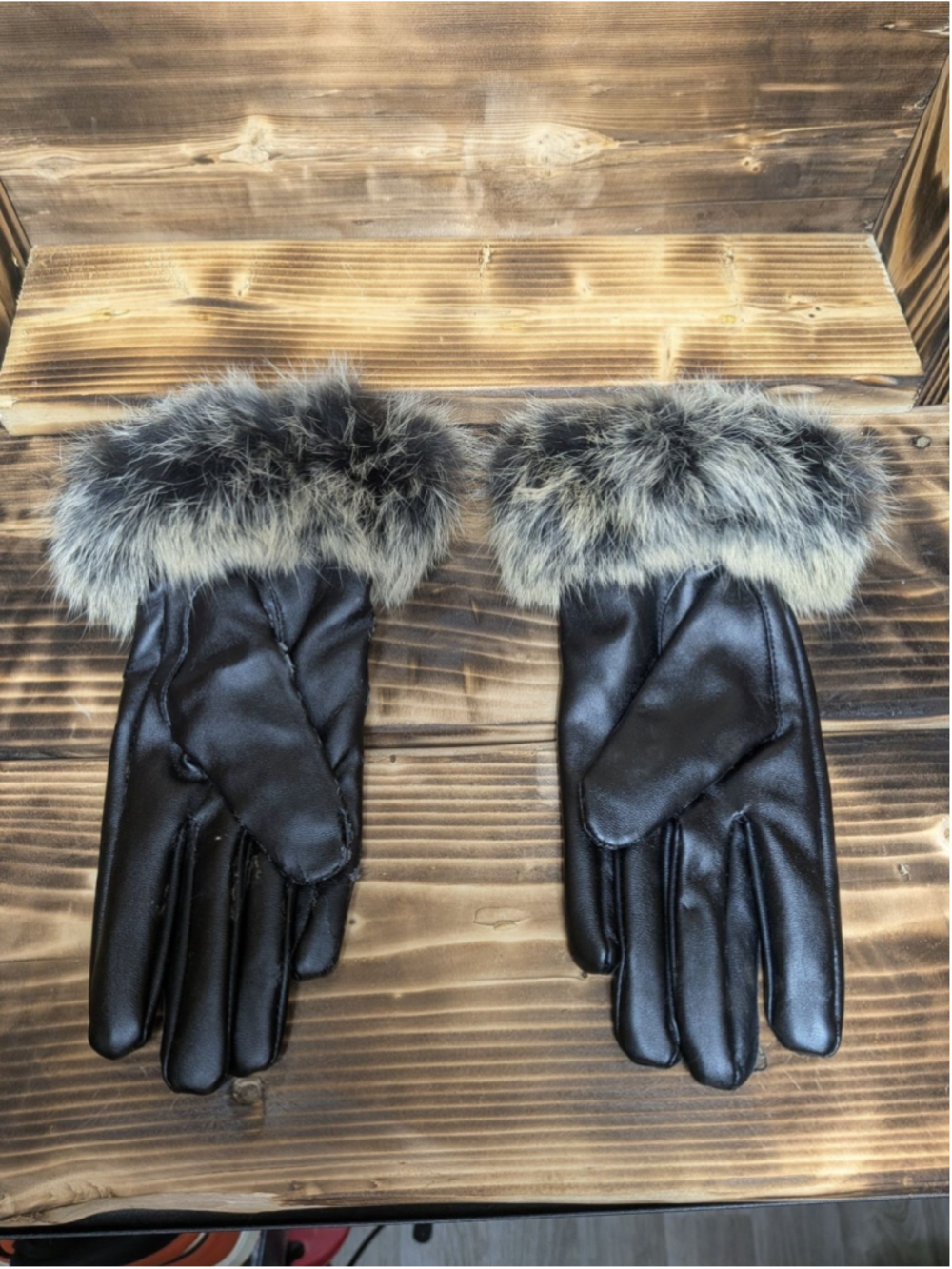 Faux Leather Fur Trim Cuff Gloves Womens One Size Black Fuzzy Lined Winter